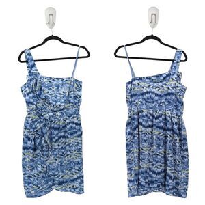 BCBGeneration Women 6 Dress One Shoulder Splash Blue Watercolor Ruffle Mini NEW
